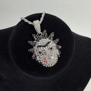 Rick Pendant Rick & Morty Necklace Character CZ Hip Hop Iced Out Silver Tone NEW